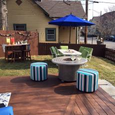 Contemporary Brown Deck with Gray Fire Pit and Striped Stools