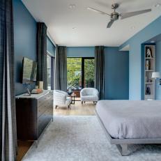 Blue Contemporary Bedroom With Pool View