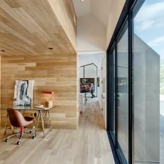 Modern Office and Hall With Hardwood Walls and Large Window