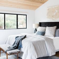 White Transitional Master Bedroom With Light Wood Ceiling