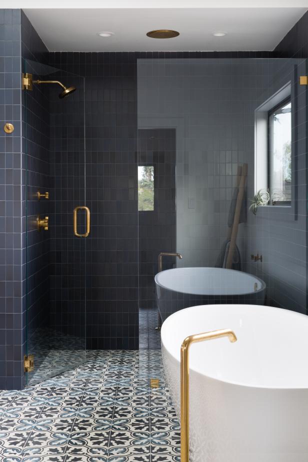 Black Tiled Walk-In Shower in Master Bathroom | HGTV