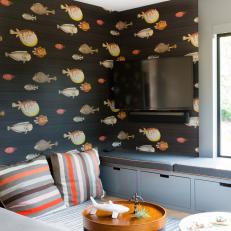 Contemporary Family Room With Fish Wallpaper