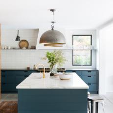 Transitional Kitchen With Blue Cabinets