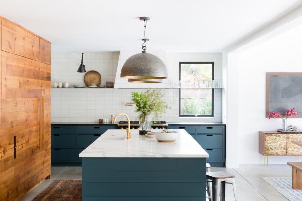 Open Transitional Kitchen With Blue Island and Cabinets