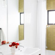White Contemporary Bathroom With Green Tile Tub Backsplash