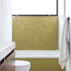 Small Bathroom With Green Tile Backsplash