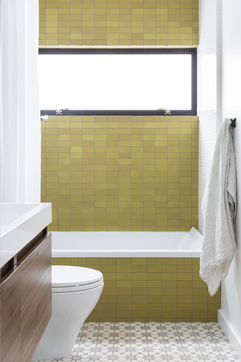 Green Tile Backsplash in Small Bathroom