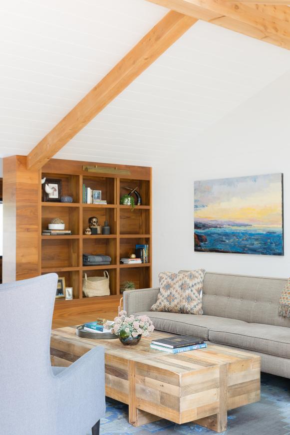 Wood Ceiling Beams in White Transitional Living Room