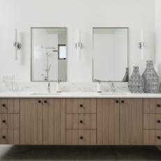 Double Vanity Bathroom With Gray Vases