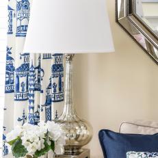 Silver Table Lamp With Blue and White Chinoiserie Curtains
