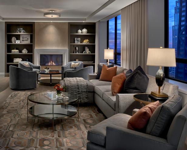Dim Contemporary Living Room Featuring Gray Tones Patterned Area