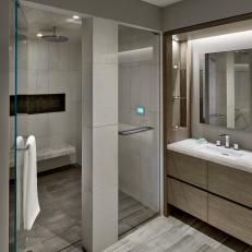 Gray Modern Bathroom With Glass Shower