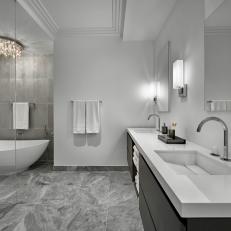 Long Double Vanity Accentuates Large Master Bathroom Space