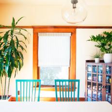 Craftsman Dining Room With Blue Chairs