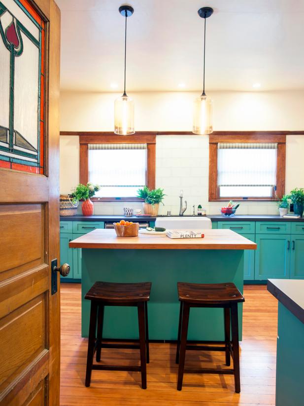 Craftsman Kitchen With Teal Cabinets
