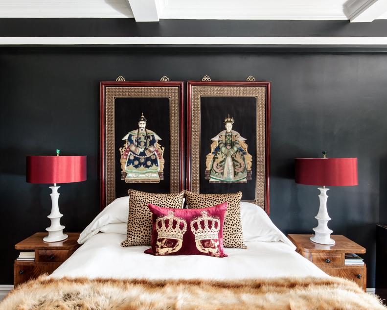 Bold Master Bedroom Design with Oriental Panels and Red Details 