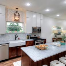 Contemporary Gray Kitchen with Green and Gray Tile Backsplash 