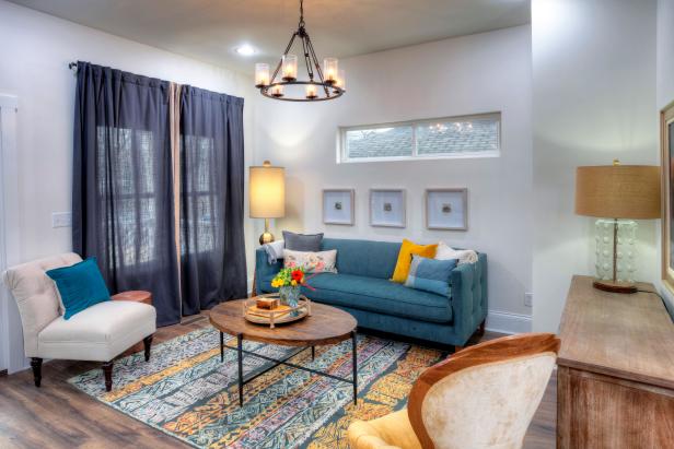 Contemporary Blue Living Room With Gold Green And Blue Area Rug