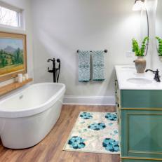 Contemporary White Bathroom with Green Double Vanity 