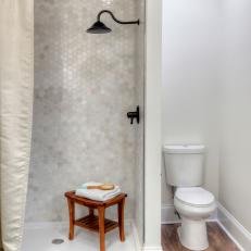 Contemporary White Bathroom with Gray Shower Backsplash 