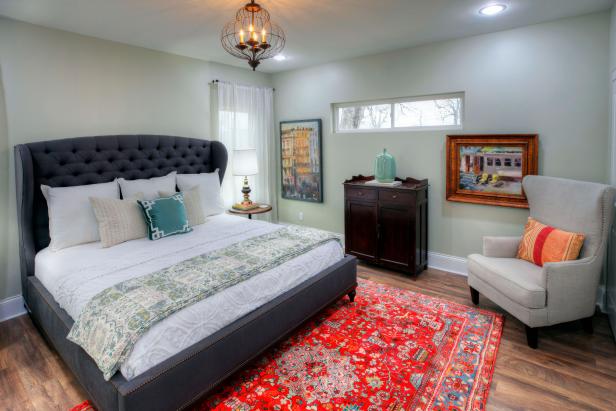 Contemporary Gray Master Bedroom With A, Oriental Rug Bedroom