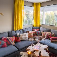 Neutral Family Room Shines With Sunny Yellow Curtains