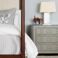Gray Bedroom With Nailhead Dresser
