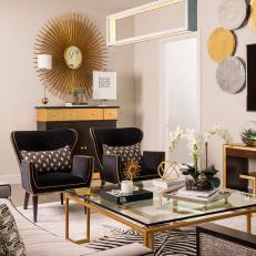 Midcentury Modern, Black Velvet, Pin-Stripe Wingback Chairs Add Seating to the Family Room