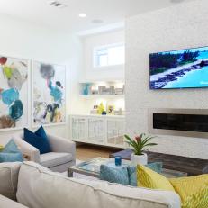White Transitional Living Room With Yellow Pillows