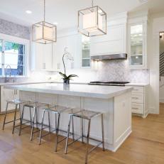 White Transitional Open Kitchen With Cube Pendants