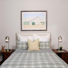 Country Guest Bedroom With Plaid Comforter and Dark Curtains