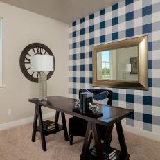 Home Office With Oversize Blue Gingham Accent Wall