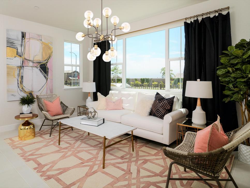 modern living room with chandelier