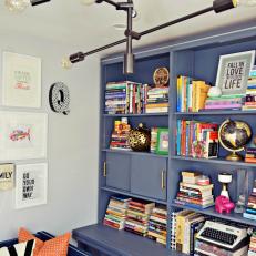 Home Office With Blue Bookshelves
