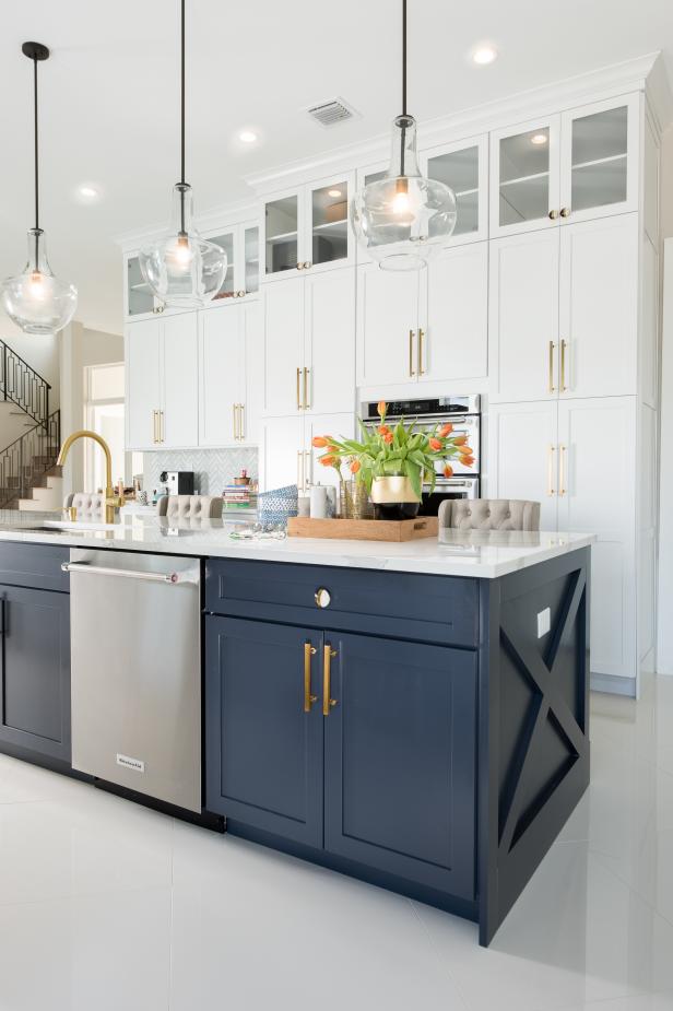 White Kitchen With Tall Cabinets And Island With Dishwasher Hgtv