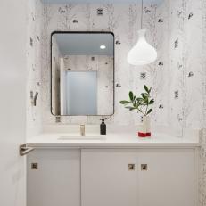 Powder Room With Black and White Wallpaper