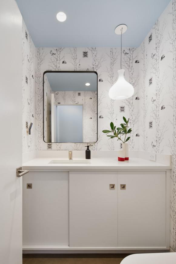 Powder Room With Tree Wallpaper