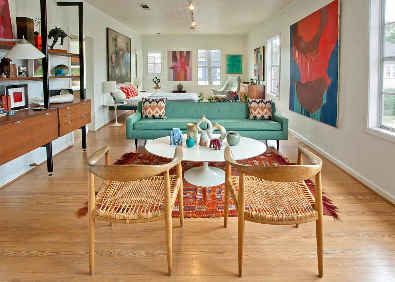 Midcentury Modern Living Room with Robins Egg Blue Sofa