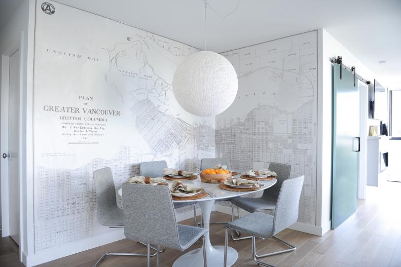 Small Dining Space with White Map Mural