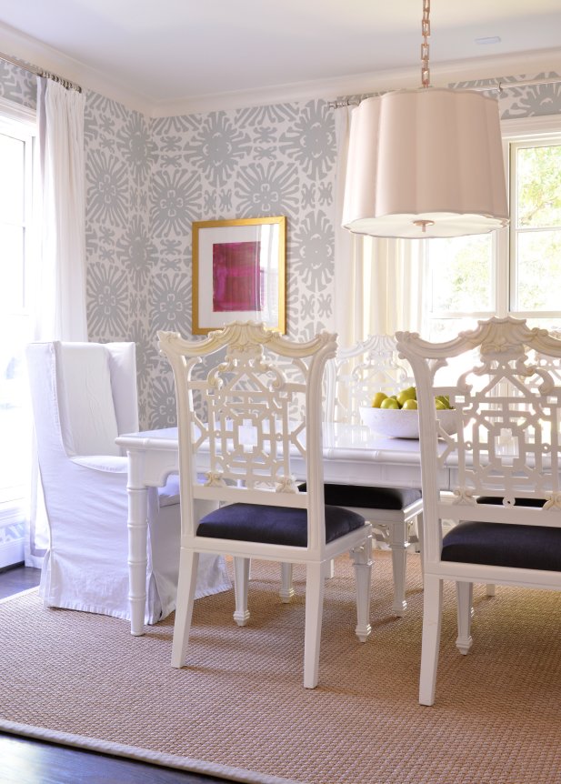 White and Gray Dining Room with Traditional and Asian-inspired Design 