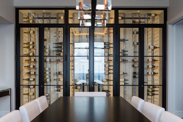 Contemporary Dining Room with Metal Wine Rack