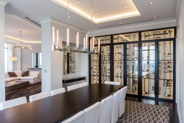 Contemporary Dining Room with Wine Wall