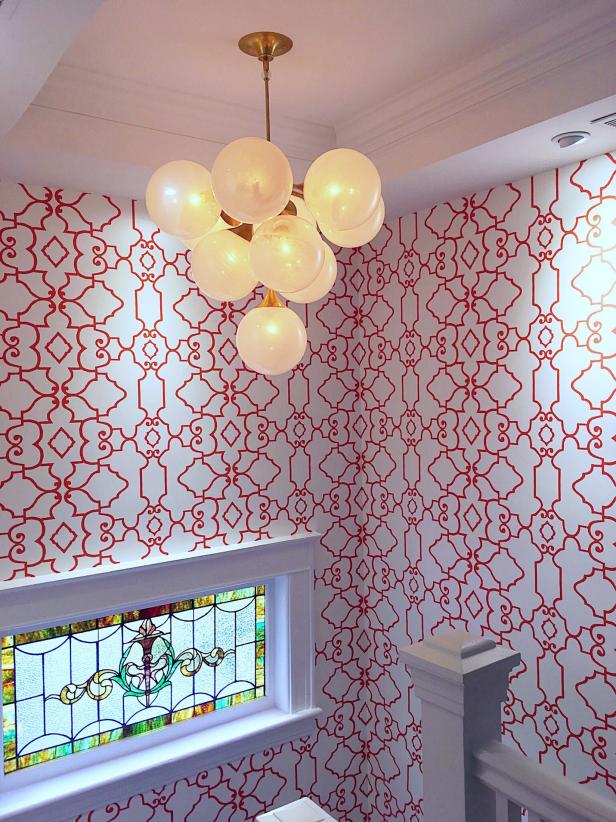 Bright Victorian Home Stairway with Asian-inspired Wallpaper