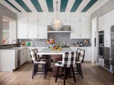 Transitional Open Kitchen With Striped Ceiling