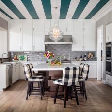 Transitional Open Kitchen With Striped Ceiling