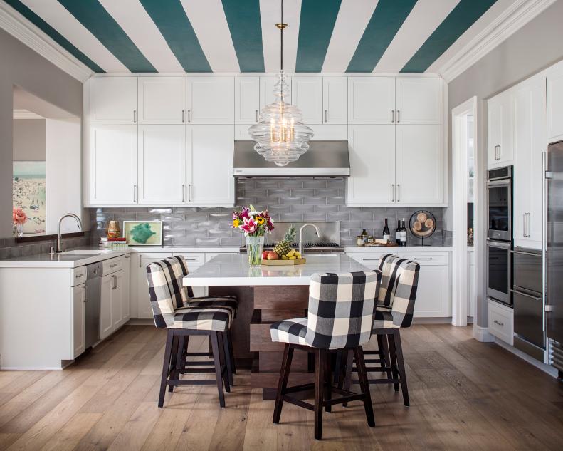 Open Kitchen With Striped Ceiling