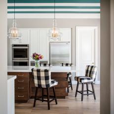 Neutral Kitchen With Plaid Barstools