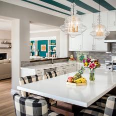 Transitional Open Kitchen With Plaid Barstools