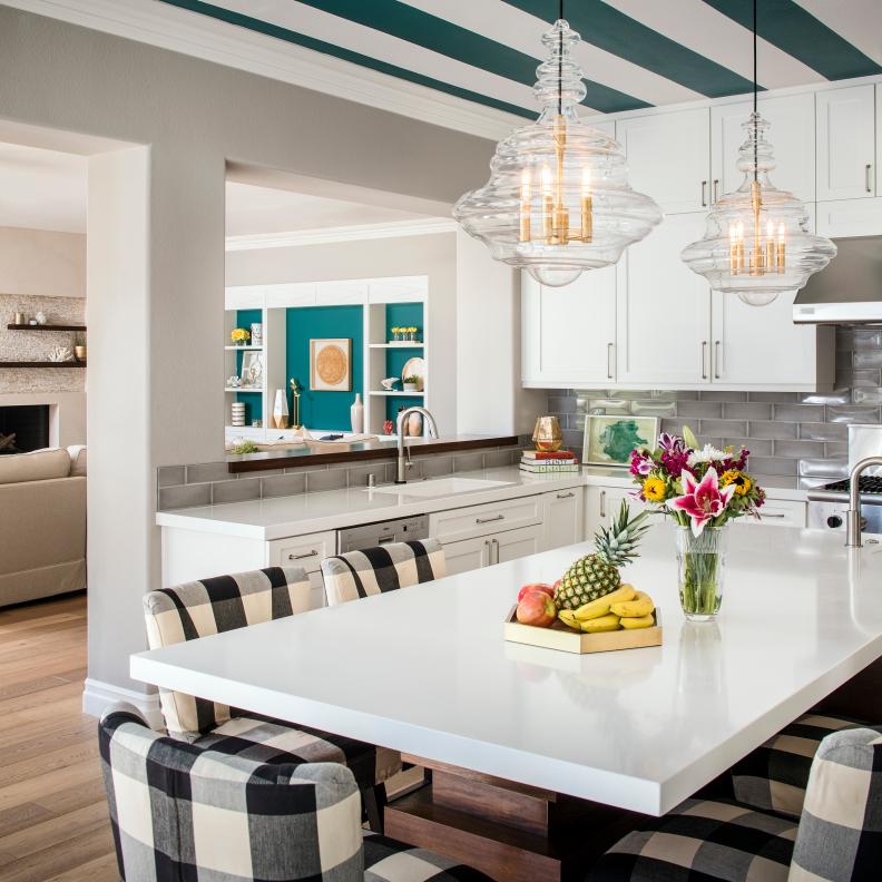 Open Kitchen With Plaid Barstools
