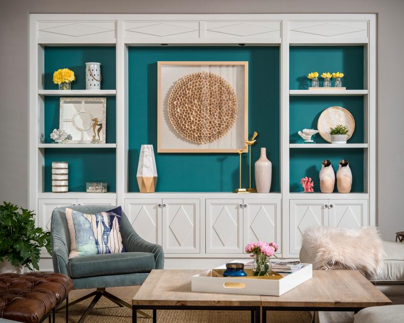 Living Room With Blue and White Shelves